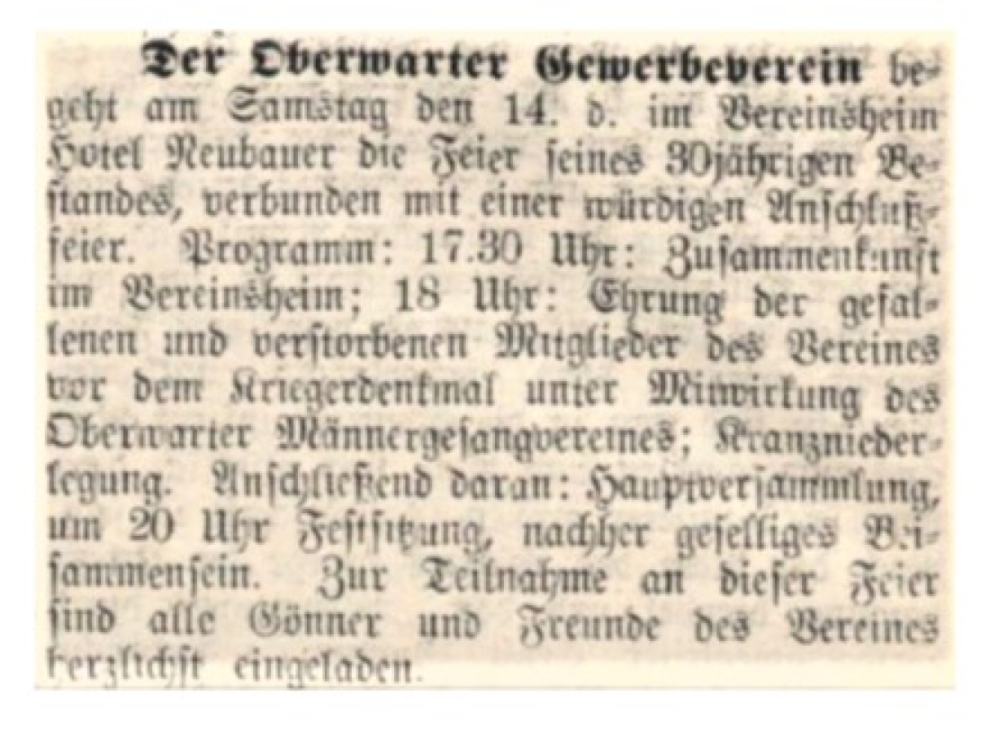 Oberwarter Gewerbeverein: Einladung zur Feier anlässlich des 30-jährigen Bestehens in der Oberwarther Sonntags = Zeitung vom 8. Mai 1938