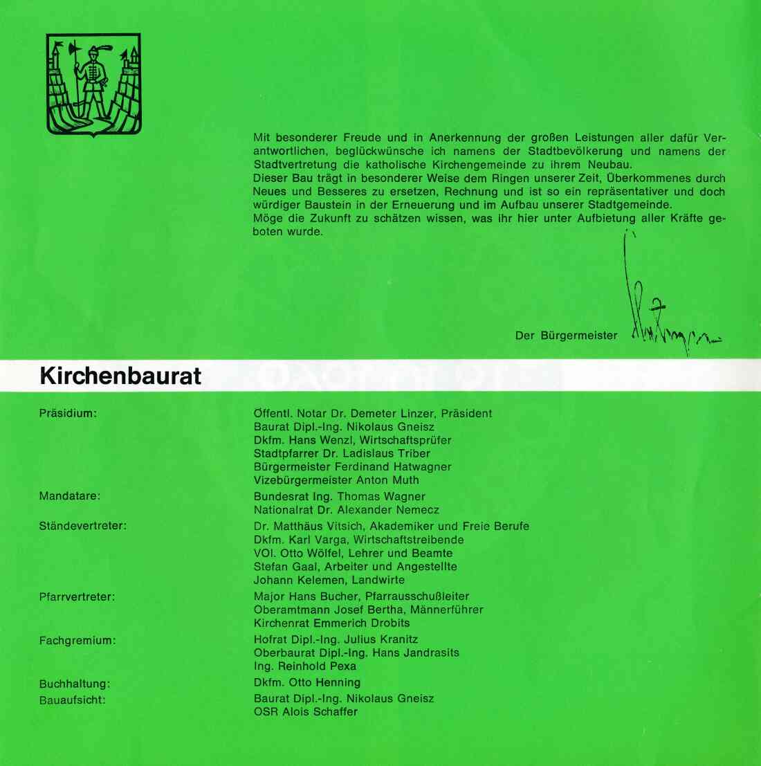 Grußbotschaft von Bgm. Hatvagner und Auflistung des Kirchenbaurates zur Errichtung der röm. kath. Osterkirche