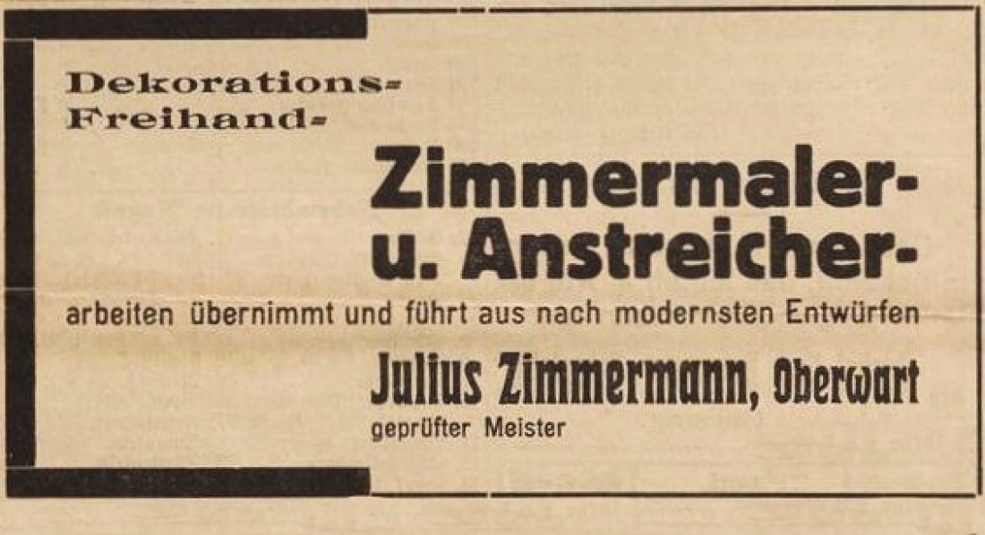 Announce in der Oberwarther = Sonntagszeitung vom 2. August 1936: Zimmermaler und Anstreicher Julius Zimmermann
