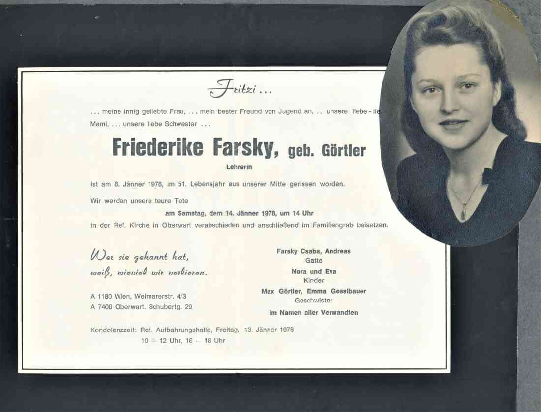 Parte von Friederike "Fritzi" Farsky (geb. Görtler, *1927 / +1978)