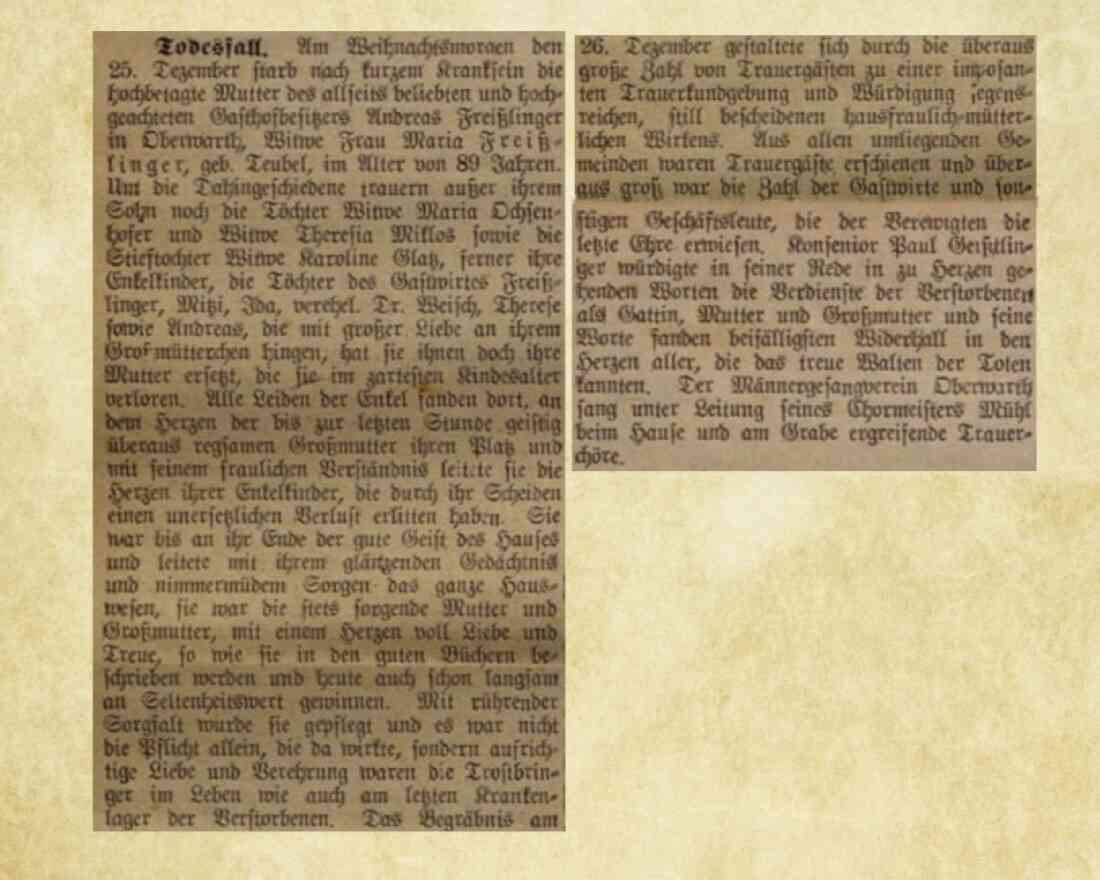 Bericht zum Ableben von Maria Freißlinger (auch Freiszlinger oder Freisslinger, geb. Teubel, *1843/+1932) in der Oberwarther Sonntagszeitung vom 1. Jänner 1933