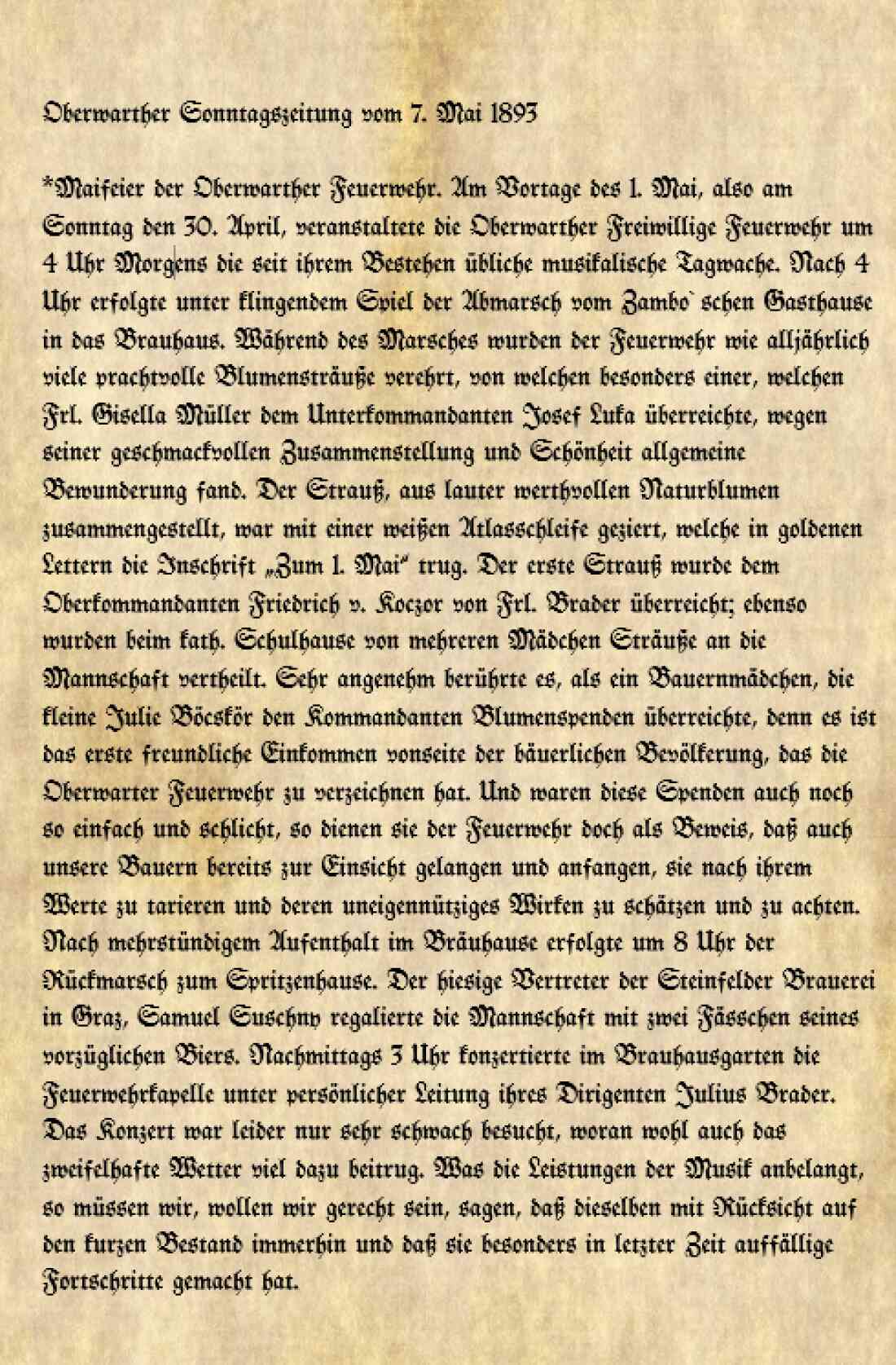 Artikel in der Oberwarther Sonntagszeitung über den Marsch der Freiwilligen Feuerwehr zum 1. Mai