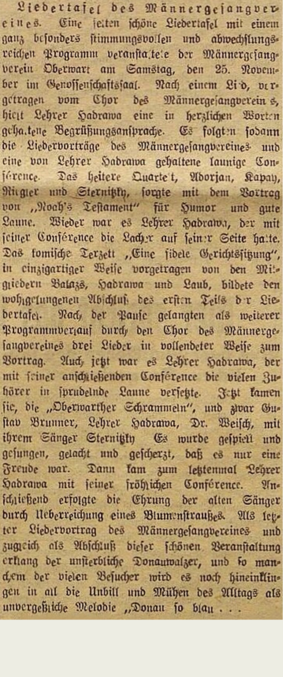 Bericht in der Oberwarter Zeitung vom 8. Dezember 1950 über eine "Liedertafel" des Männergesangvereins