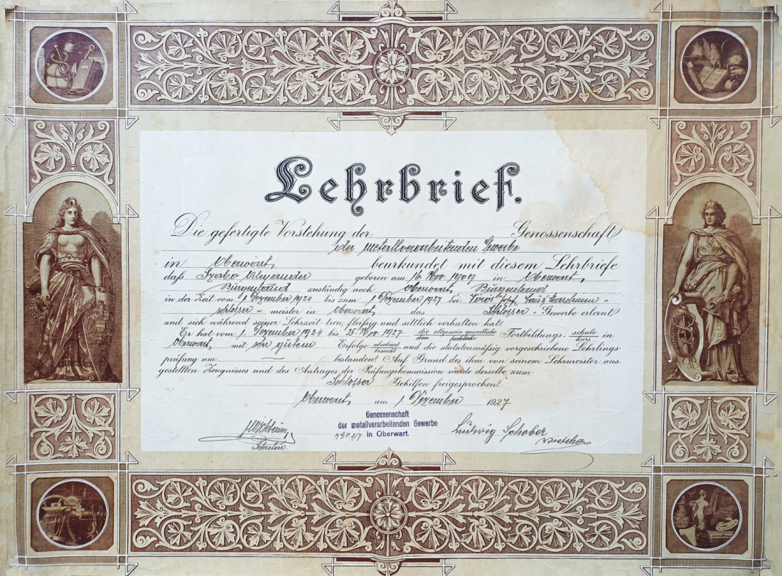 Lehrbrief von Alexander Szabo (*1909/+1945) - OW 137 / Ganghofergasse 10