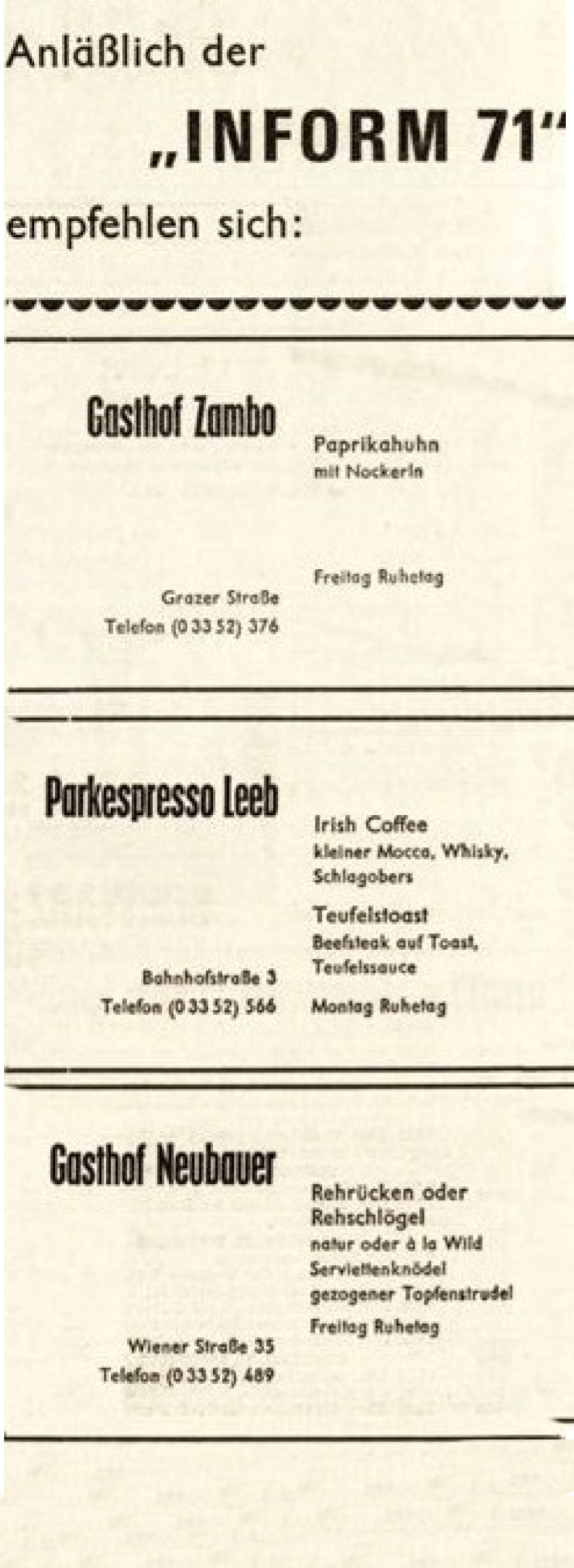 BF vom 16. September 1971 - Empfehlung von 4 "Informwirten": .) Gasthof Zambo .) Parkespresso Leeb .) Gasthof Neubauer anlässlich der 1. Inform im Jahr 1971