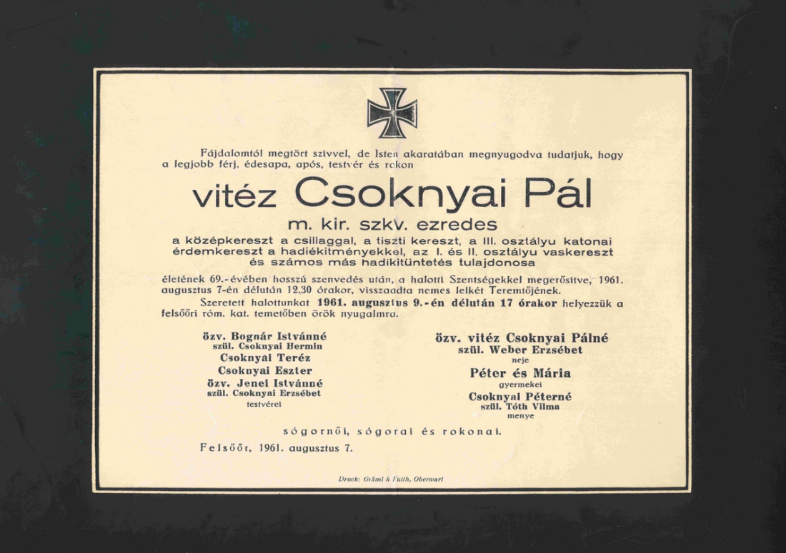 Röm. kath. Pfarre - Parte: Paul v. Csoknyai (*1892/+1961)