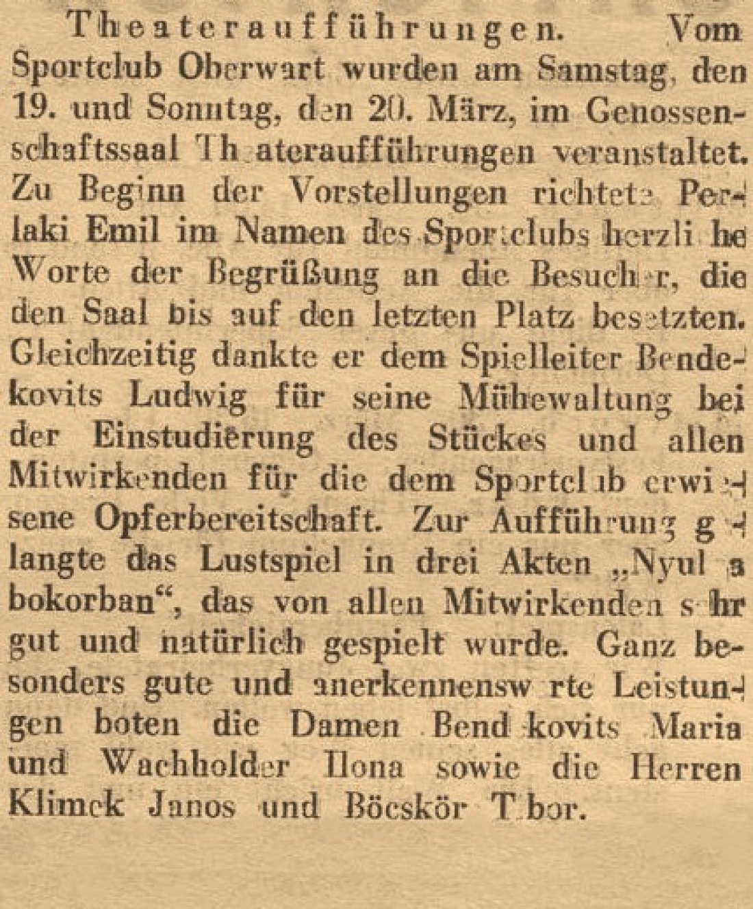 Oberwarter Zeitung vom 27. März 1955: „Nyul a bokorban“ - Bericht über eine Theateraufführung durch den Sportclub Oberwart