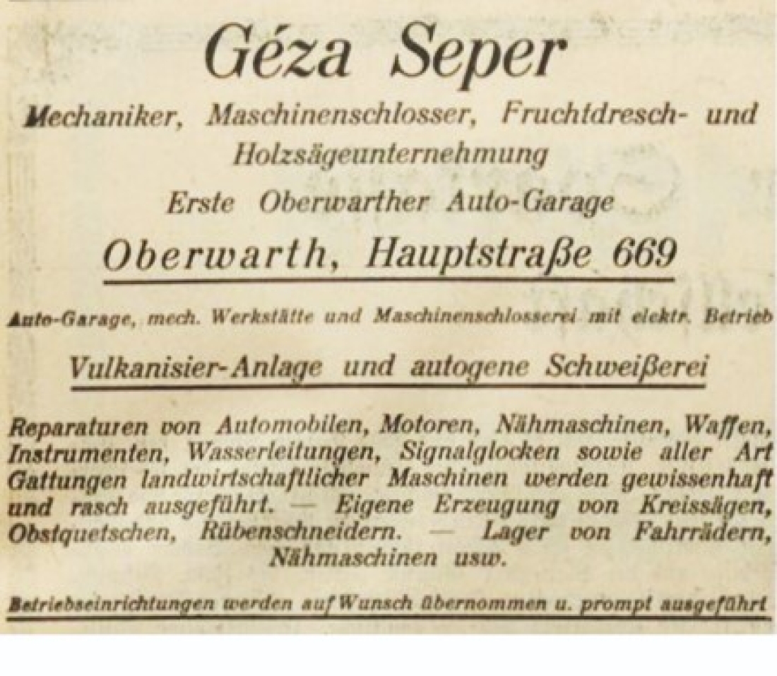 Announce in der Oberwarther = Sonntagszeitung vom  6. Jänner 1929: Geza Seper - Mechaniker, Maschinenschlosser, Fruchtdresch - und Holzsägeunternehmen (OW 669 / Steinamangererstraße 66)