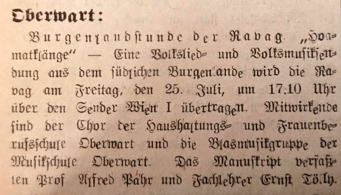 Stadtkapelle: Ankündigung in der Oberwarter Zeitung zur Übertragung der Sendung „Hoamatklänge“ durch die RAWAG mit einer Blasmusikgruppe der Musikschule