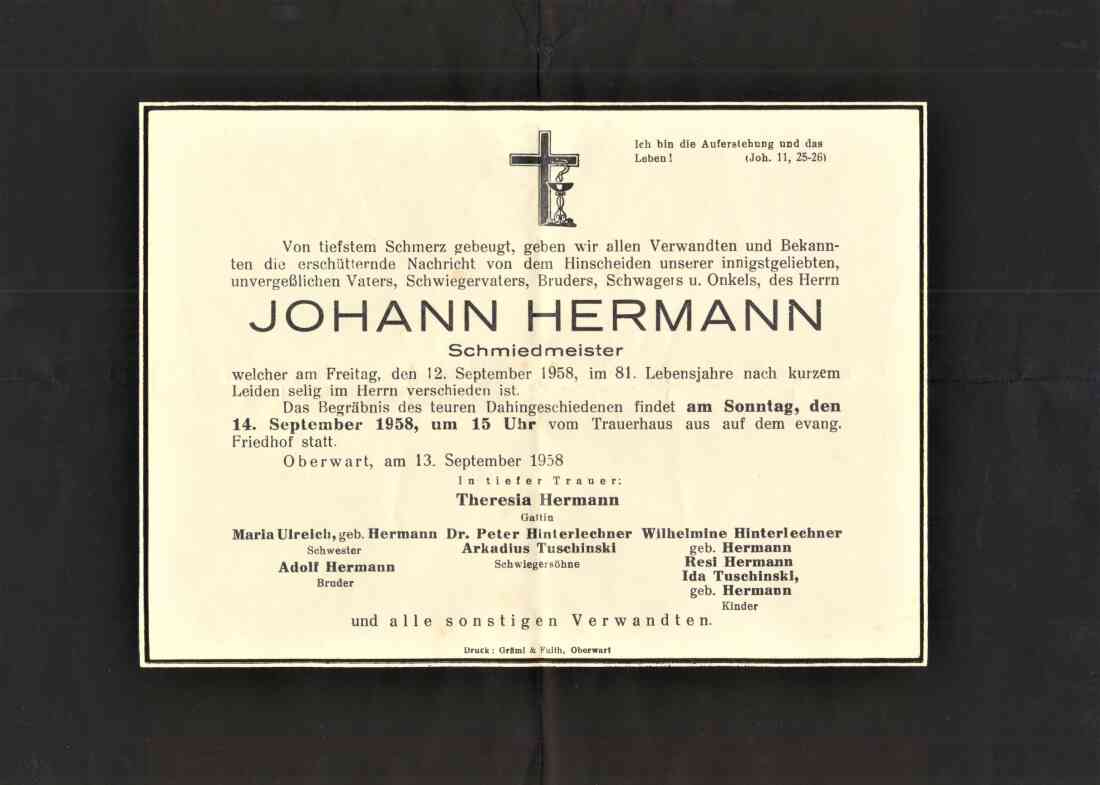 Parte: Johann Hermann - Hufschmied, *1878 / +1958 (Steinamangererstraße 28)