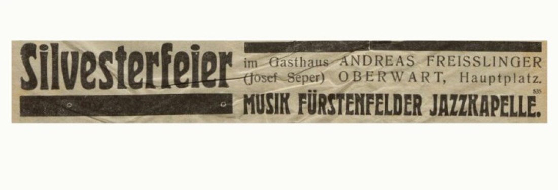 Oberwarther Sonntags = Zeitung vom 29. Dezembr 1935 - Ankündigung: Silvesterfeier im Gasthof Andreas Freisslinger (Josef Seper) OW 151 / Hauptplatz 2