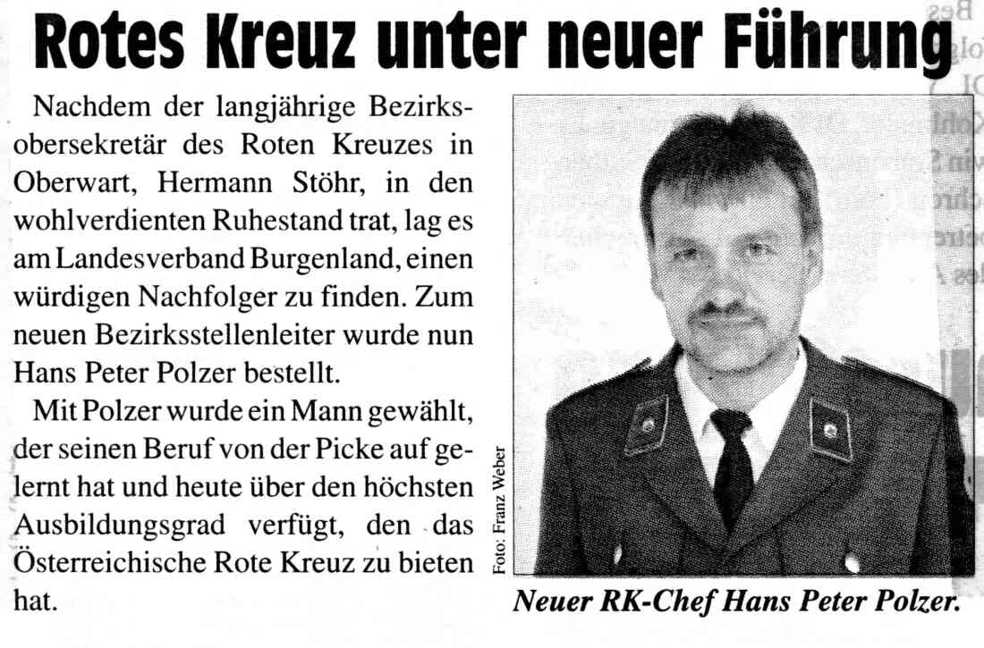 Rotes Kreuz: Artikel zur Bestellung von Hans Peter Polzer als Bezirksstellenleiter