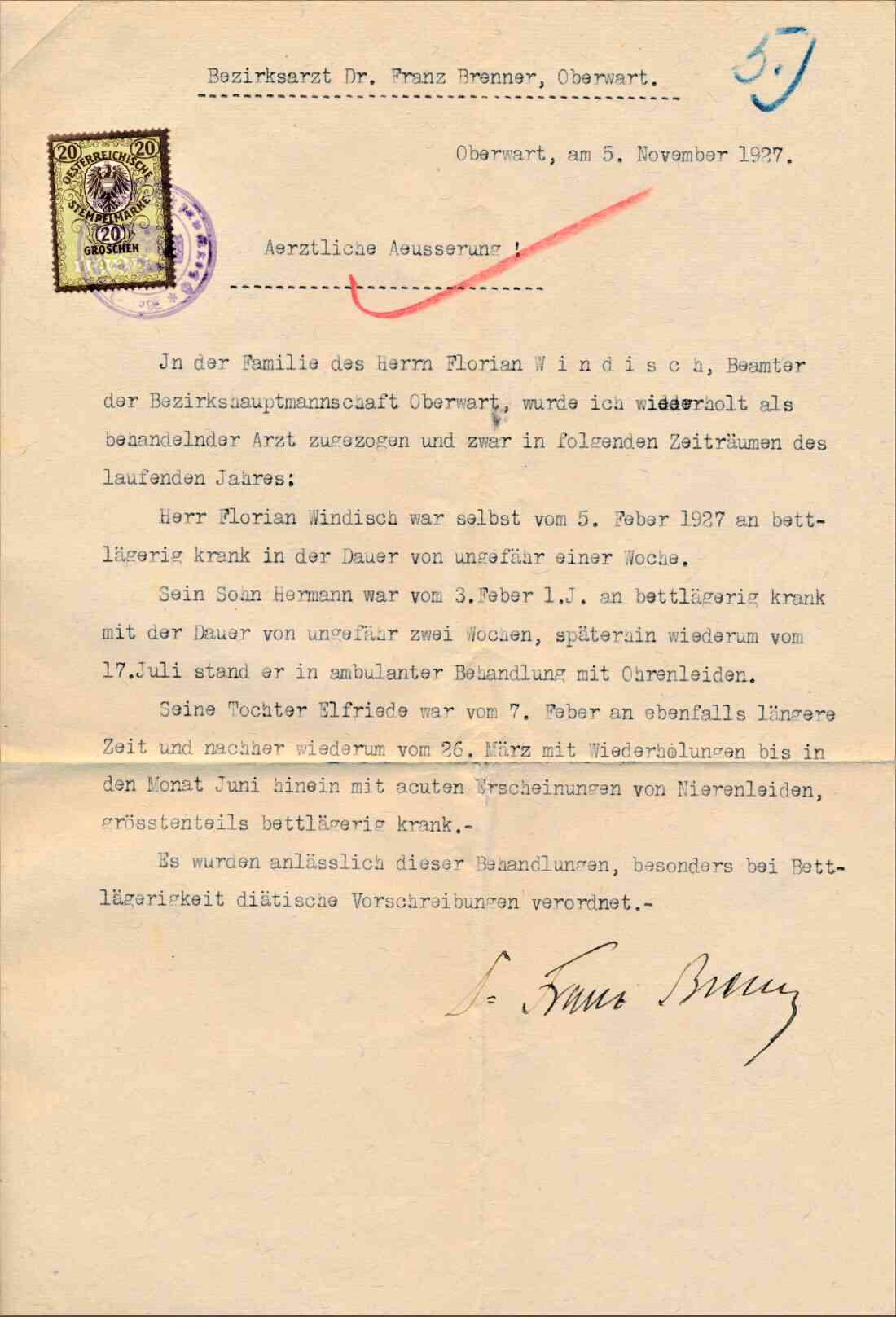 Ärztliche Äußerung (Bestätigung) über die Familie Florian Windisch