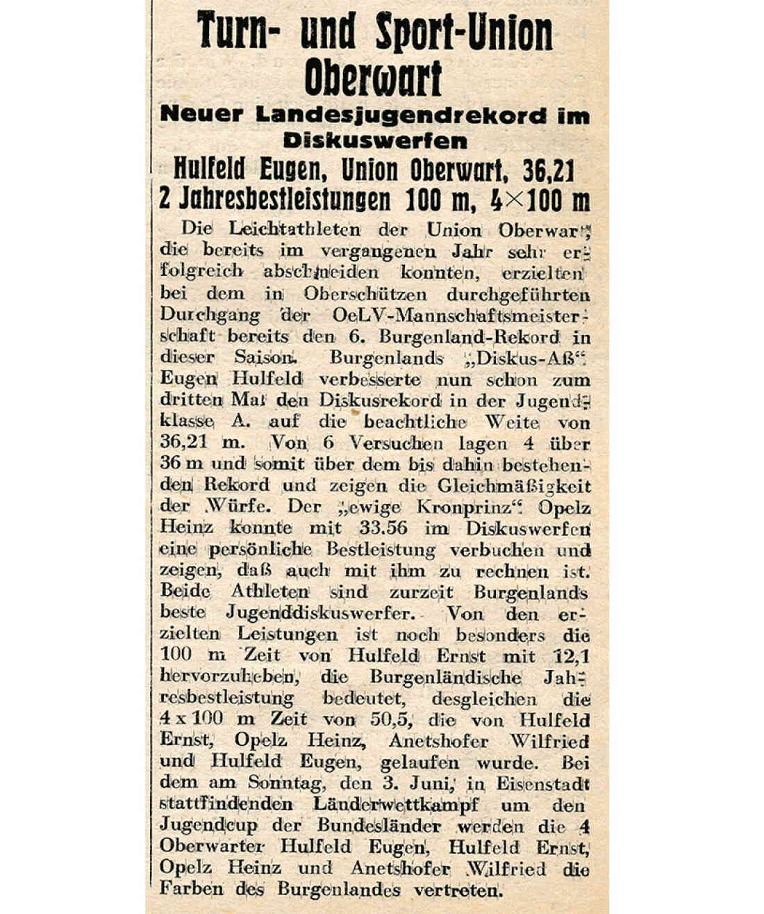 Bericht zum Thema "Turn- und Sportunion - Landesjugendrekord im Diskuswerfen durch Eugen Hulfeld" in der Oberwarter Zeitung (später OZ)