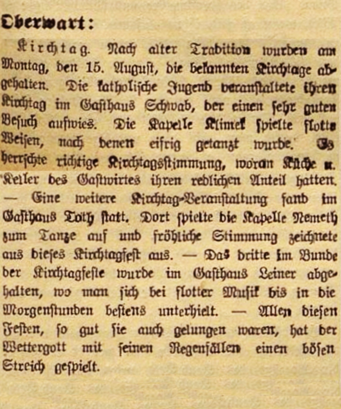 Oberwarther = Sonntagszeitung vom 21. August 1949: Bericht über die Kirchtagsfeste ("Kirtage") in Oberwart