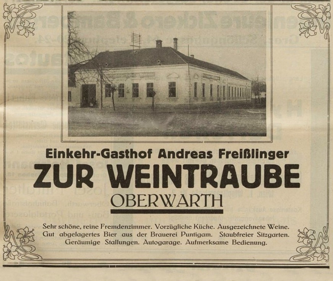 Werbung in der Oberwarther Sonntags = Zeitung vom 6. Jänner 1929 "Einkehr-Gasthaus Andreas Freißlinger - Oberwarth" - (auch Freizslinger-Freisslinger-Freislinger)