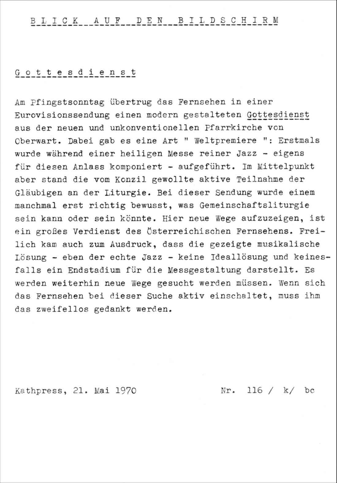 Röm. kath. Pfarre: Meldung von "Kath-Press" zur Übertragung der Oberwarter-Messe von Erich Kleinschuster per Eurovision