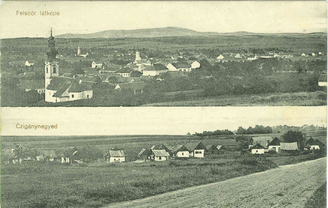 Ansichtskarte: "Felsöör látképe / Czigánynegyed" (Blick auf Oberwart / Zigeunerviertel)