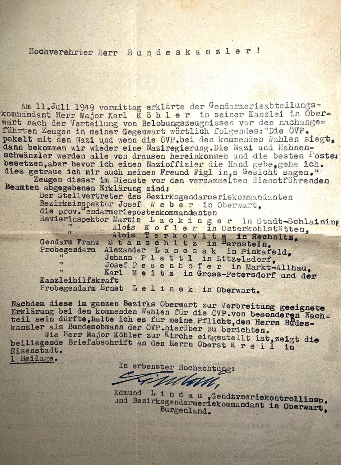 Brief von Edmund Lindau (*1886/+1956) Gendarmerie-Kontrollinspektor und Bezirks- Gendarmerie-Kommandant in Oberwart an Bundeskanzler Leopold Figl