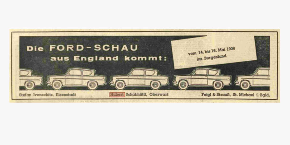 Announce der Fa. Autohaus Schabhüttl in der BF vom 7. Mai 1960 "Die FORD-SCHAU aus England kommt"