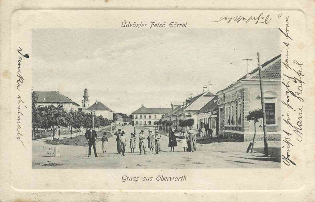 Ansichtskarte: "Üdvözlet Felsö Eörröl" / "Gruss aus Oberwarth" - Hauptplatz