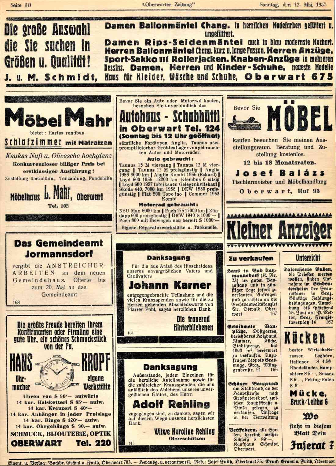 Werbeseite in der Oberwarter Zeitung - später OZ (Haus für Keider, Wäsche und Schule Schmidt / Möbel Mahr / Uhrmacher Kropf / Autohaus Schabhüttl / Möbel Balazs)