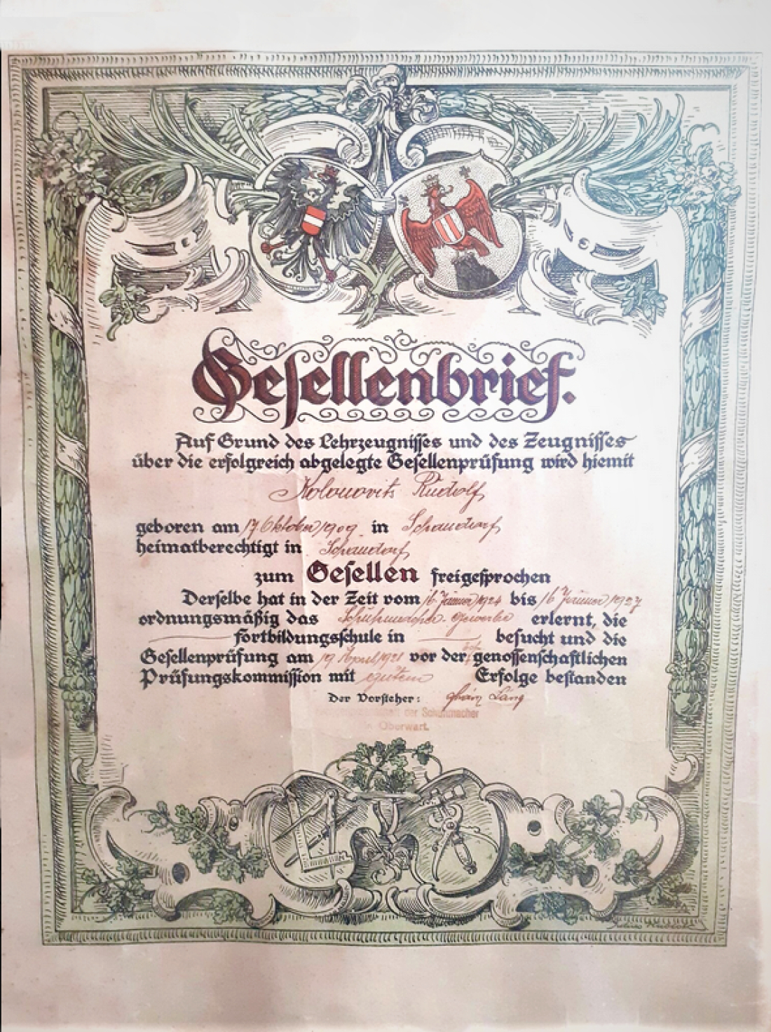 Gesellenbrief: Ablegung der Prüfung durch Rudolf Kolonovits vor der Kommission in Oberwart (Vorsteher Franz Lang)