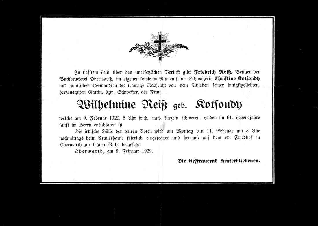 Parte von Wilhelmine Reiß, geb. Kotsondy (*1868 / +1929)