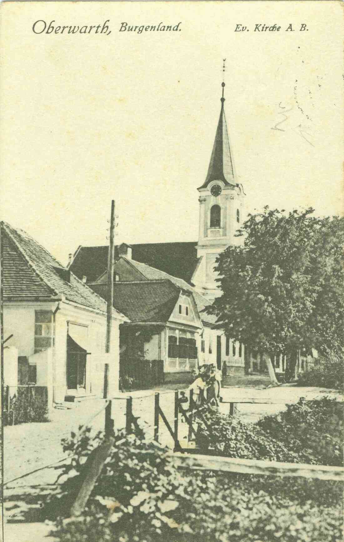 Ansichtskarte: Blick vom Wehoferbach entlang der evang. Kirchengasse auf die evang. Kirche A. B.