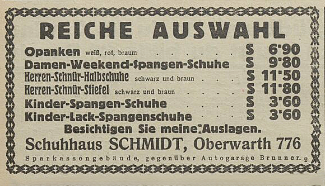 Announce in der Oberwarther Sonntag = Zeitung: Schuhhaus Schmidt (OW 776 / Wienerstraße 18)