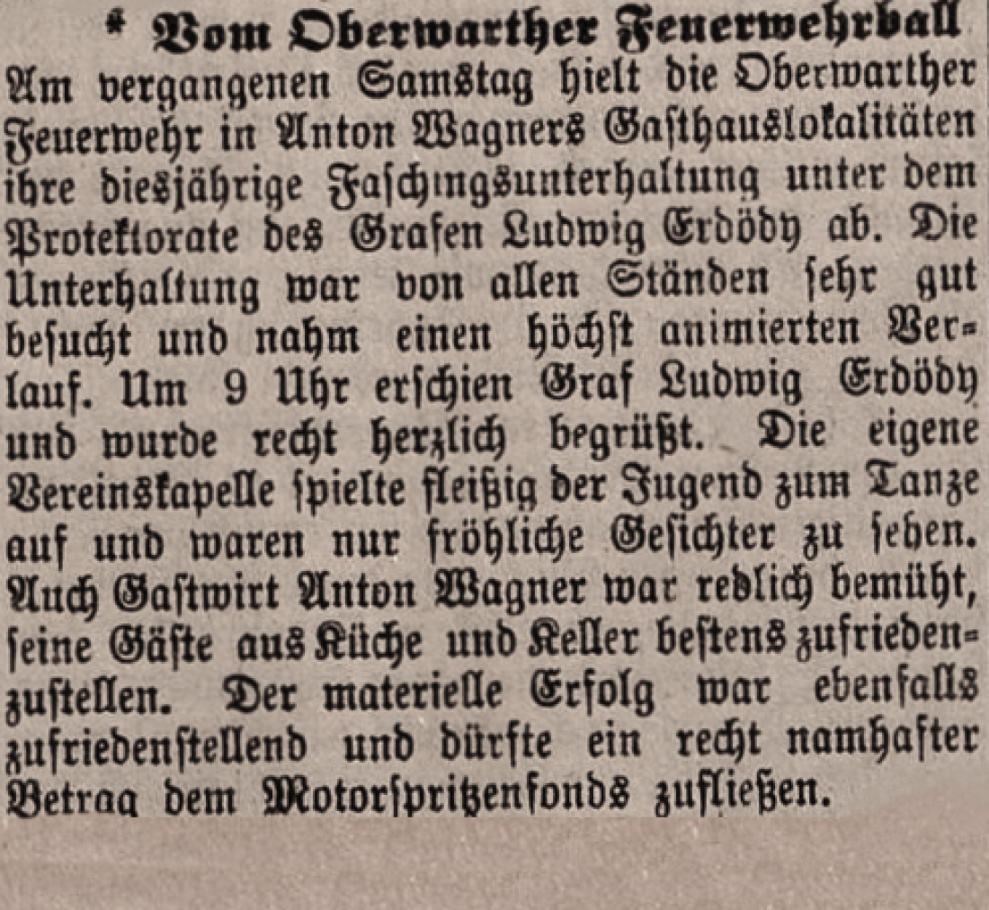 Bericht über den Feuerwehrball in der Oberwarther = Sonntagszeitung vom 17. Jänner 1926