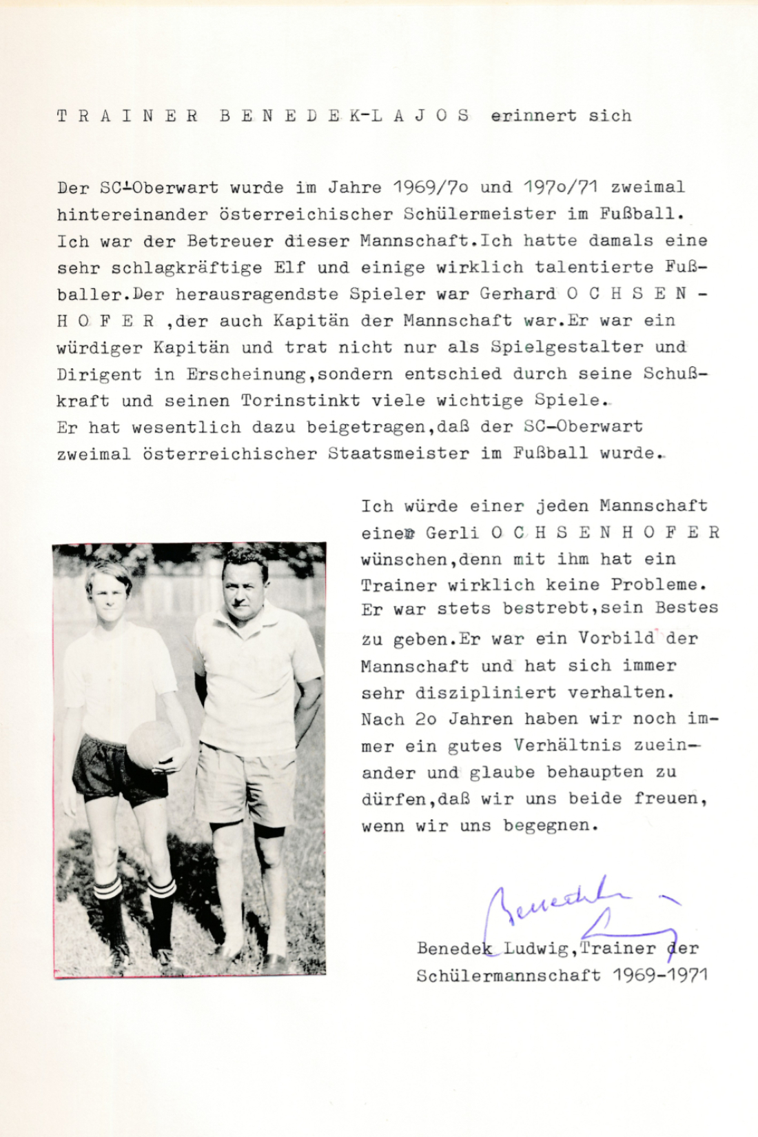Fußball: Erinnerungen des erfolgreichen SC Oberwart Trainers und vormaligen Spielers Ludwig Benedek (*1925/+1988) am Bild mit Gerhard Ochsenhofer