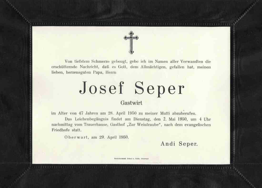 Partezettel des Josef Seper *1903/+1950 - Gastwirt