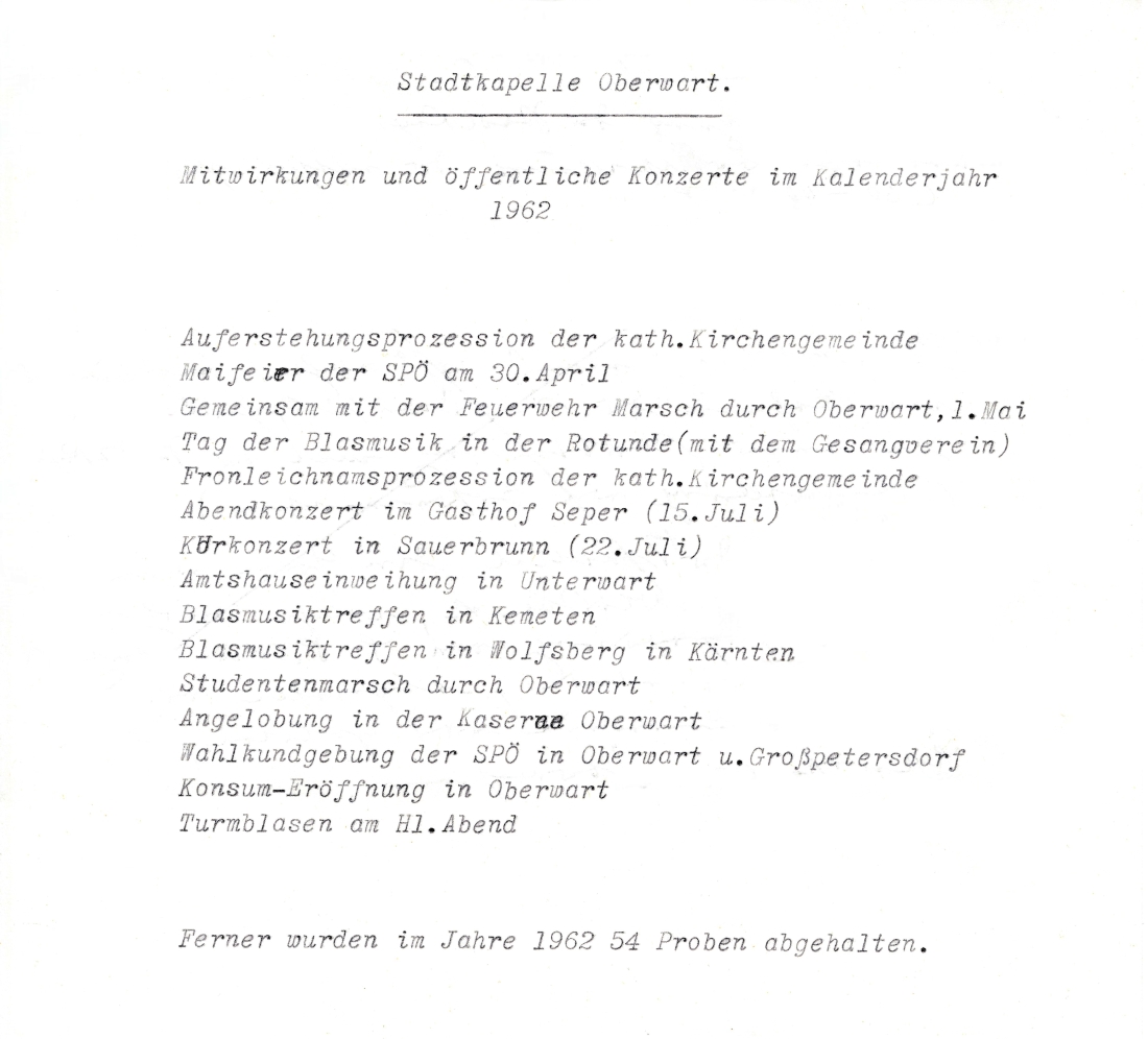 Stadtkapelle: Mitwirkungen und Auftritte im Jahr 1962