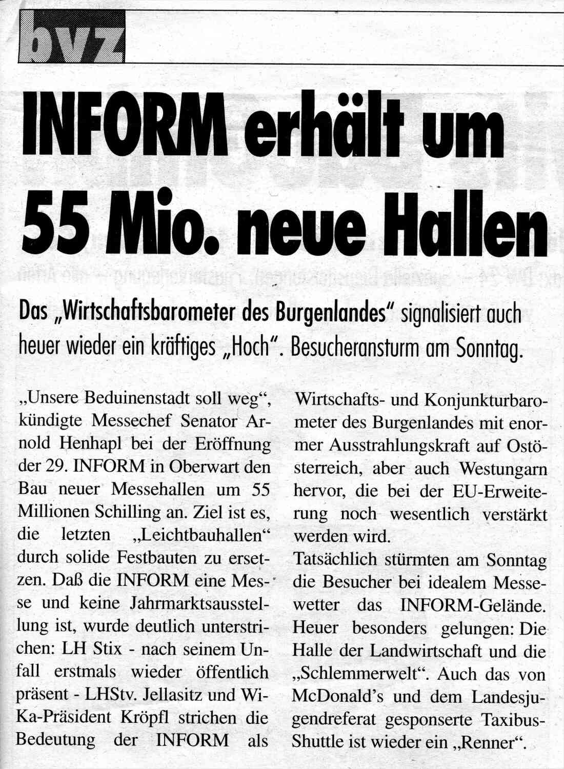 Artikel der "bvz" anlässlich der Inform 1999