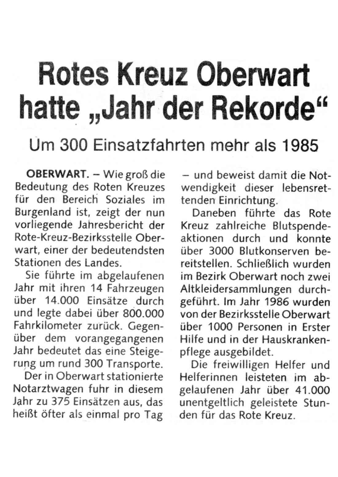 Rotes Kreuz: Artikel zu den Leistungen im Jahr 1986