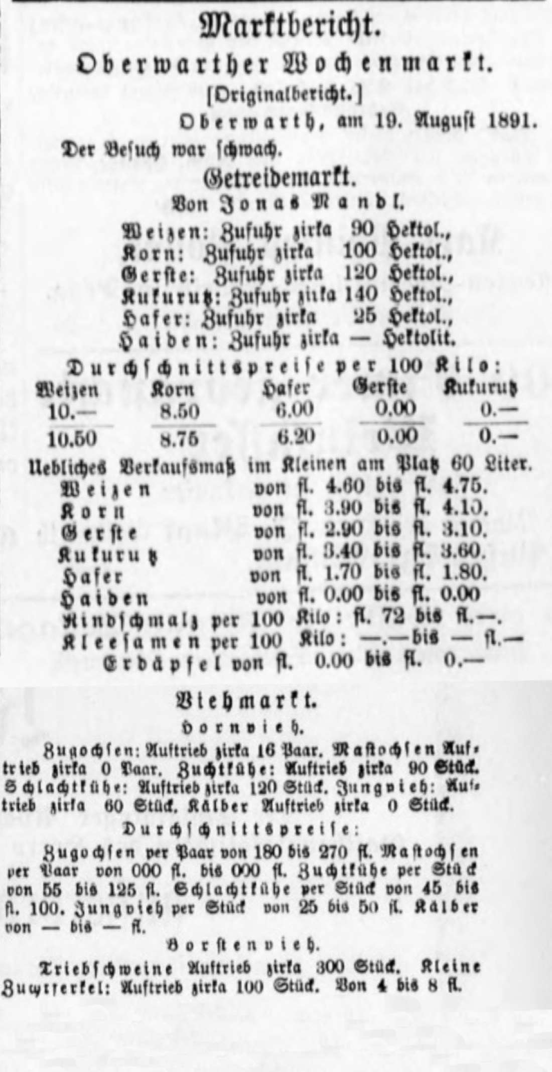 Oberwarther Sonntags-Zeitung vom 23. August 1891:  Marktbericht vom Oberwarther Wochenmarkt am 19. August 1891