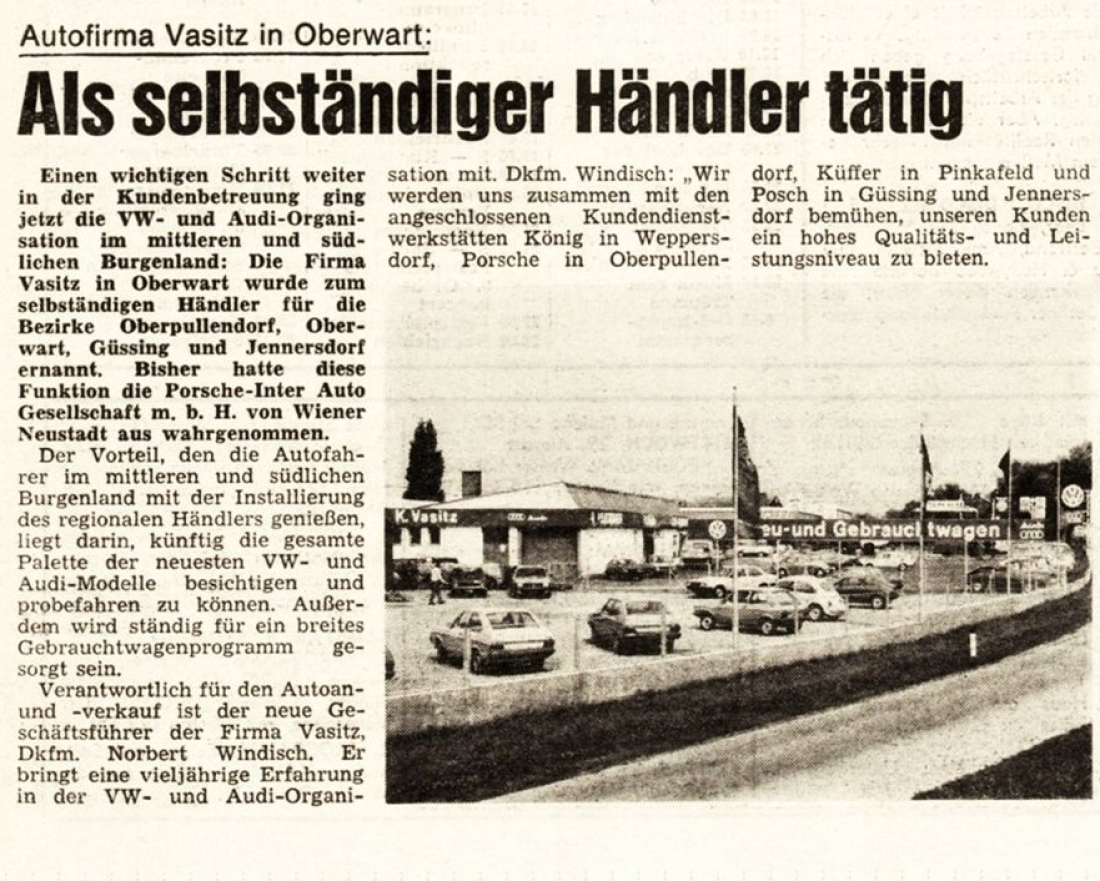 Artikel zur betrieblichen Neuaufstellung der Fa. VW-Audi Karl Vasitz in der BF vom 16. August 1979 – Wienerstraße 93