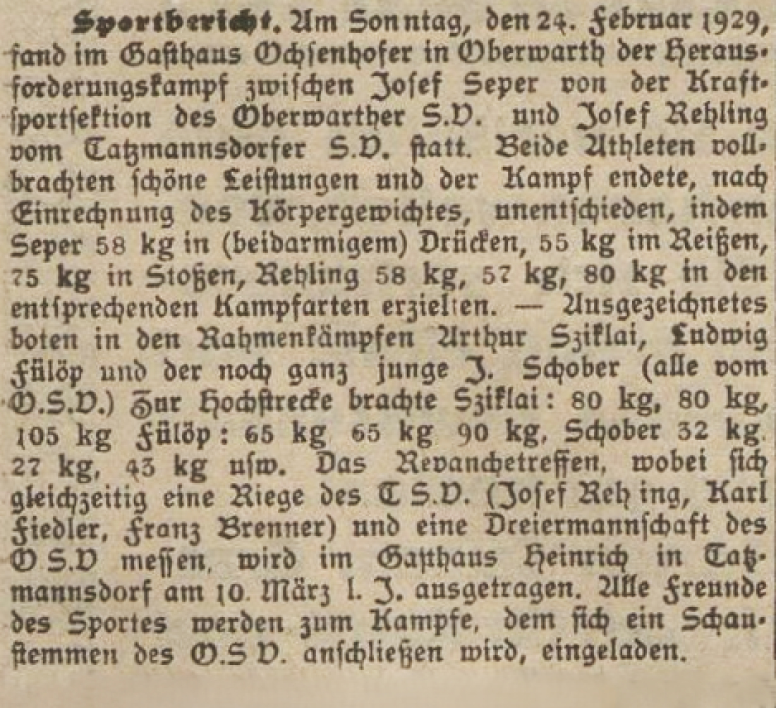 Bericht in der Oberwarther Sonntags = Zeitung vom 3. März 1929: Herausforderungskampf der Kraftsportsektion des O.S.V.