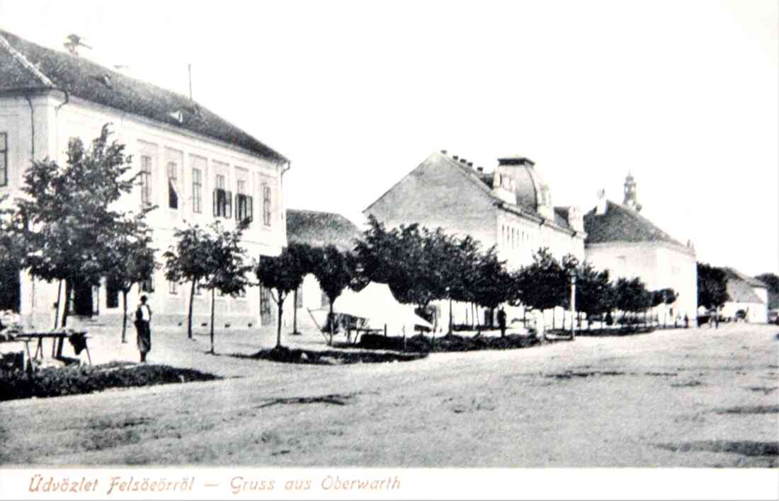 Ansichtskarte: Üdvözlet Felsöeörröl - Gruss aus Oberwarth (Blick über die Gebäude Hauptlatz 1 bis 11)