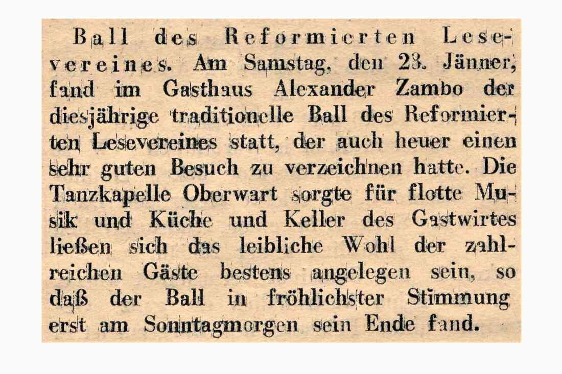 Artikel in der Oberwarter Zeitung vom 5. Feber 1956: Ball des reformierten Lesevereins