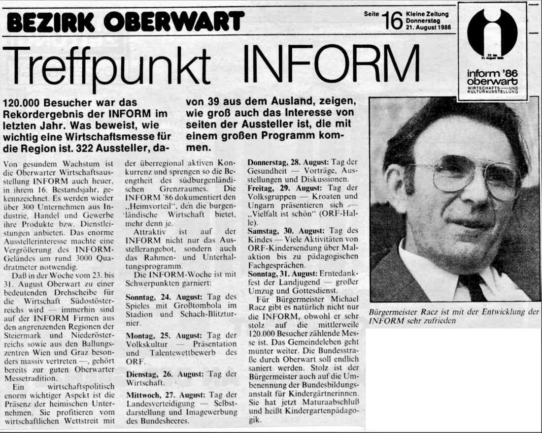 "Treffpunkt Inform" - Artikel anlässlich der Inform 1986