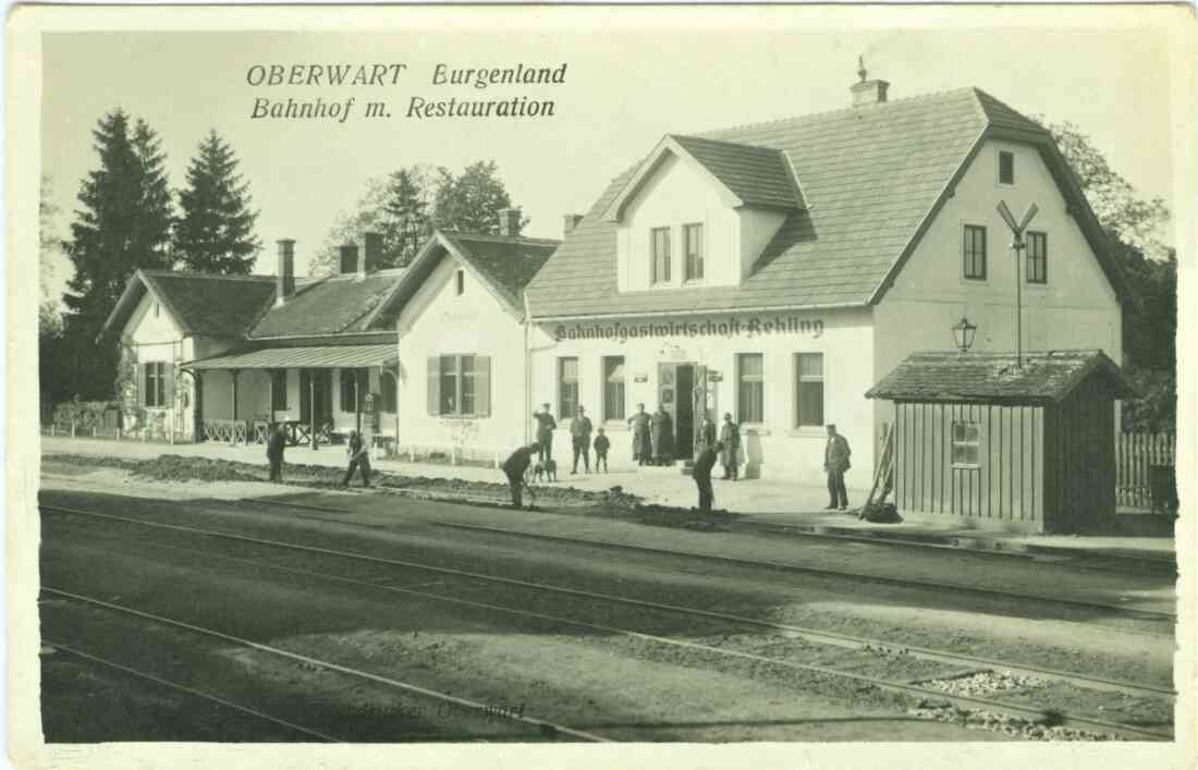 Ansichtskarte: Bahnhof mit Restauration - Bahnhofgastwirtschaft Rehling