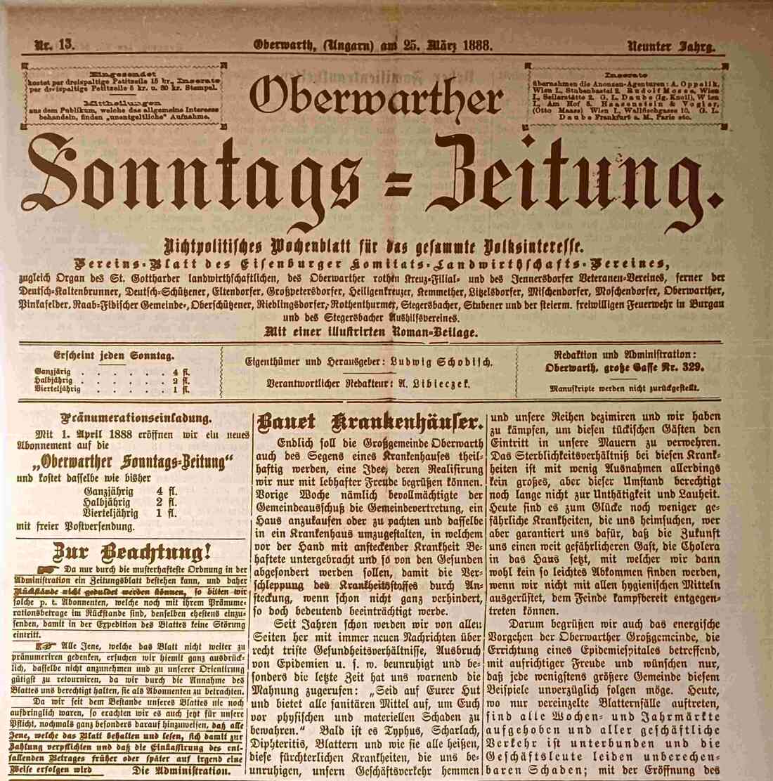 Artikel in der Oberwarther Sonntagszeitung vom 25. März 1888: "Bauet Krankenhäuser"