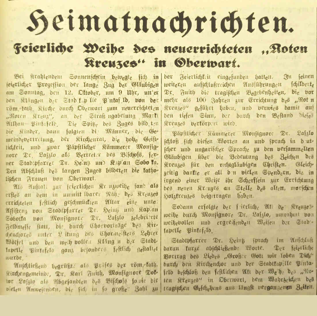 Artikel in der Oberwarter Zeitung: Weihe neuerrichtetes "Rotes Kreuz"