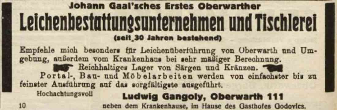 Anzeige in der Oberwarther Sonntagszeitung vom 1. Jänner 1928: Tischlerei und Bestattung Ludwig Gangoly