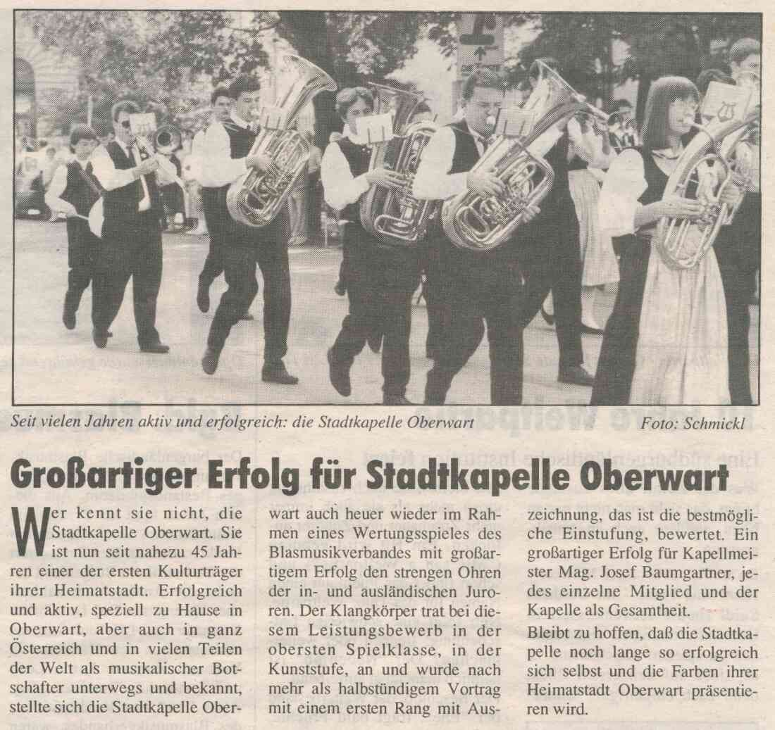 Stadtkapelle: Artikel anlässlich der erfolgreichen Teilnahme an einem Wertungsspiel in der Kunststufe