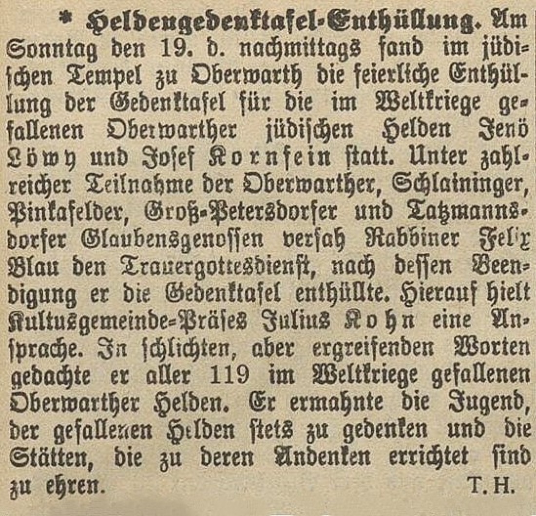 Jüdische Gemeine: die Oberwarther Sonntags = Zeitung vom 26. Juni 1927 berichtet "Heldengedenktafel-Enthüllung"