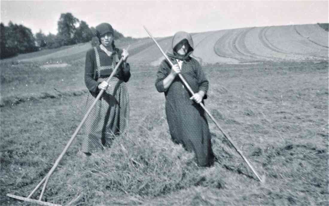 Julianna Benkö und Zsofia Böcskör bei der Heuernte (Grazerstraße 88)