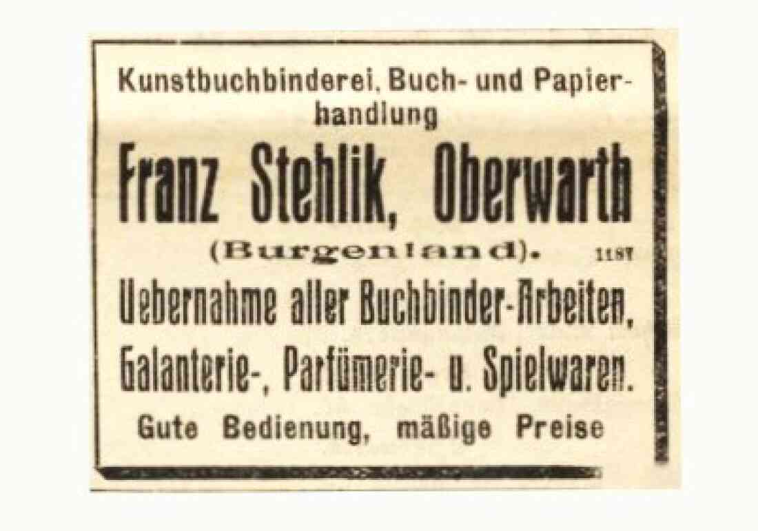 Werbung in der Zeitung "Der FREIE BURGENLÄNDER"vom 26. Oktober 1924 der Kunstbuchbinderei, Buch- und Papierhandlung Franz Stehlik (Anm.: Nachfolger Pokorny)